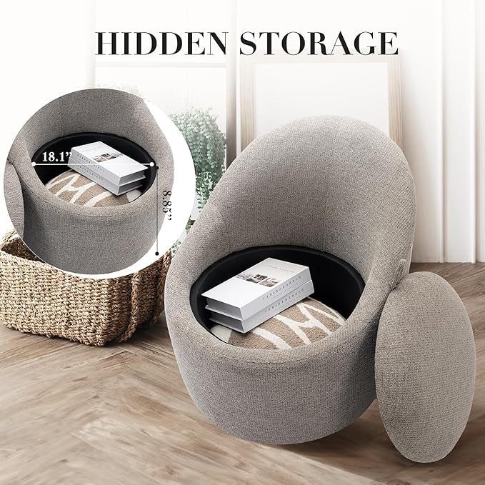 360° Swivel Accent Chair, Mid-Century Modern Chair with Hidden Storge, Small Swivel Chair with Arms for Living Room/Office-Light Grey