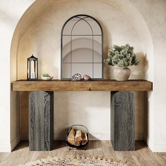 Tribesigns 63" Long Entryway Table, Farmhouse Console Table with 2 Arched Pedestal Legs, Wooden Sofa Console Behind The Couch for Entrance, Hallway, Living Room (Vintage Brown & Grey)