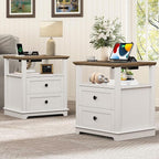 HIFYOBRO Large End Table Set of 2, Flip Top Charging Station and 2 Drawers, Type-C & USB Port & Power outlets, Wooden Storage Cabinet, Side Table with Storage for Living Room and Bedroom (White)