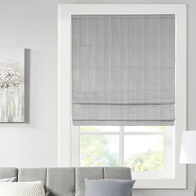 Madison Park Galen Cordless Roman Shade, 29"W x 64"H, Sheen Grey – Room Darkening, Thermal Insulated, Energy Efficient Window Blind with Subtle Sheen Basketweave Fabric for Privacy
