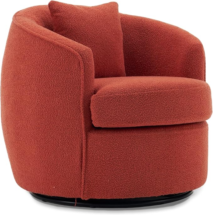Swivel Accent Chair Set of 2, Modern Upholstered Boucle Barrel Arm Chairs with Pillow for Living Room, 360 Degree Round Swivel Sherpa Armchair with Round Base for Bedroom Club (2, Orange)