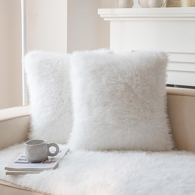 Neelvin Cream White Faux Fur Cozy Fluffy Double-Sided Decorative Throw Pillow Covers 16x16 inch Set of 2,Velvet Pillowcase Cushion Case for Sofa Couch