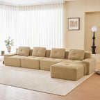 150.4” Camel Boneless Couches for Living Room, Modular Sectional Sofa with L-Shape Chaise, 4 Seater Comfy Upholstered Deep Seat Corduroy Fabric Cloud Couch No Assembly, Anti-Slip Design