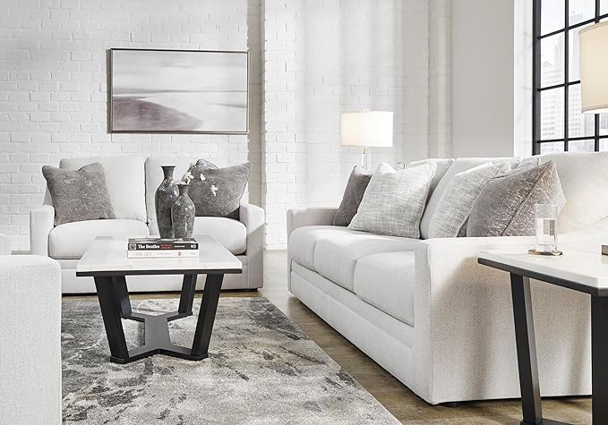 Signature Design by Ashley Maitelynn Contemporary Loveseat with Accent Pillows, Reversible Cushions and Sloped Arms, Light Gray