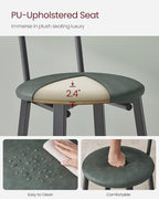 VASAGLE Bar Stools, Set of 2 PU Upholstered Breakfast Stools, 29.7-Inch Barstools with Back and Footrest, Simple Assembly, for Dining Room Kitchen Counter, Classic Black and Forest Green ULBC069C01