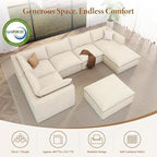 Vesgantti 141.7" Oversized Sectional Boneless Couch, 7 Seater Modular Sofa with Chaise & Ottoman & Armrest, Deep Seat Plush Corduroy Cloud Couches for Living Room, No Assembly Required, Beige