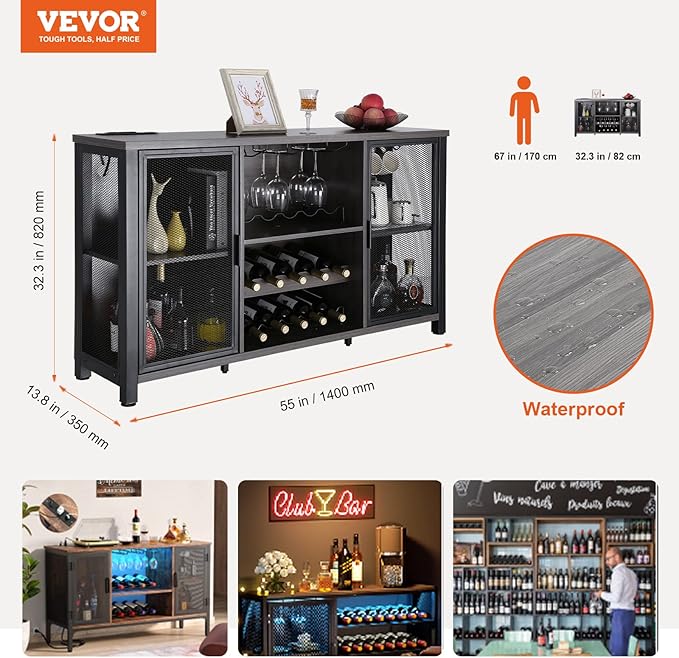 VEVOR 55 Inch Industrial Bar Cabinet, Wine Table for Liquor and Glasses, Sideboard Buffet Cabinet with Wine Rack, Freestanding Farmhouse Wood Coffee Bar Cabinet for Living Room, Home Bar, and Kitchen