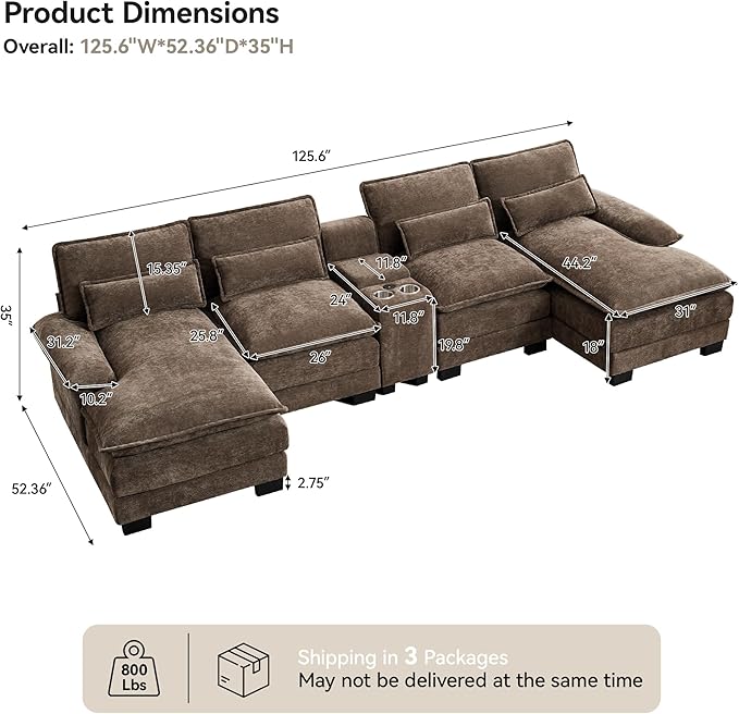 U Shaped Sectional Sofa with Storage Console, Cup Holders & USB Ports, Small Modular Cloud Couch with Deep Seats, Modern Comfy Living Room Sofa for Apartment, Chenille Brown