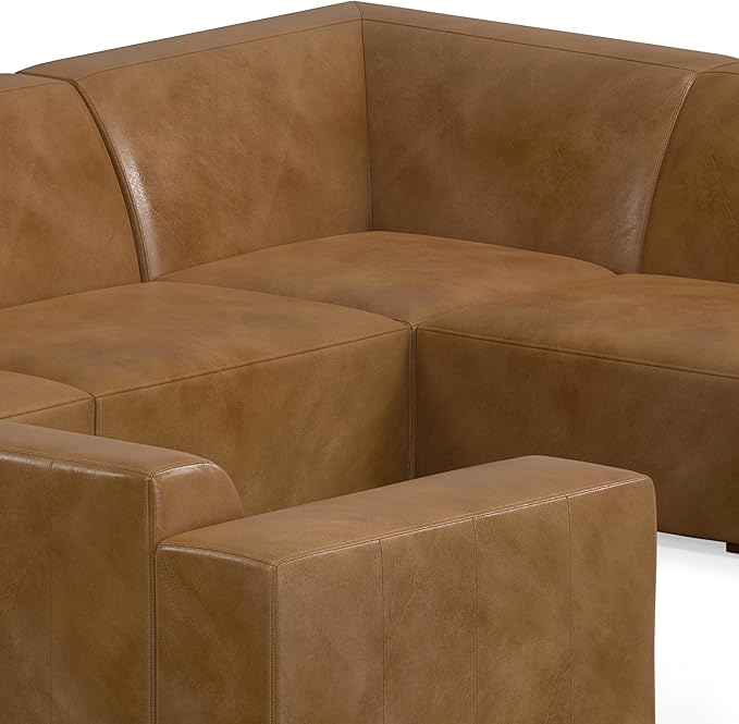 SIMPLIHOME Rex U-Shaped Sectional Modular Sofa in Full-Grain Genuine Leather, Caramel Brown, 144-inches Wide, Handcrafted Modern-Style Large Leather Couch for Living Room