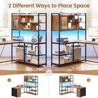 SEDETA L Shaped Computer Desk, 58'' Office Desk with 3 Drawers and Bookshelf, L Shaped Corner Desk with Storage Shelves and LED Light for Home Office, Gaming Desk, L Desk, Rustic Brown