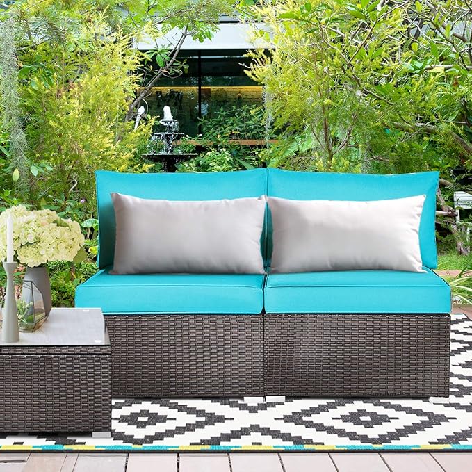 COSTWAY 2PCS PE Rattan Armless Sofa, Wicker Patio Conversation Set Chairs with Soft Cushion, Outdoor Sectional Furniture for Yard, Poolside (Turquoise)
