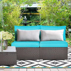 COSTWAY 2PCS PE Rattan Armless Sofa, Wicker Patio Conversation Set Chairs with Soft Cushion, Outdoor Sectional Furniture for Yard, Poolside (Turquoise)