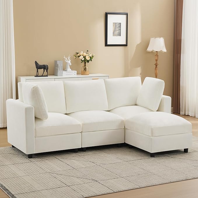 3-Seater Modular Sectional Cloud Sofa with Ottoman, L-Shaped Couch for Living Room, Modern Convertible Deep Seats Sofa, Chenille Beige