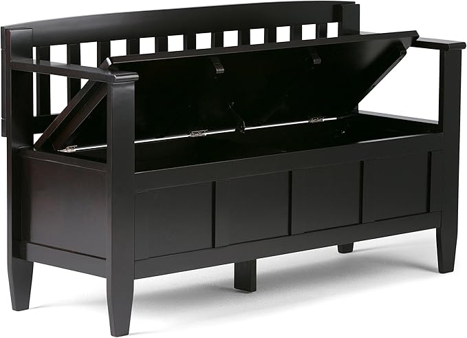 SIMPLIHOME Brooklyn Entryway Storage Bench - 48 inch Wide Solid Wood Storage Seat in Coffee Brown, Contemporary Bench for Entryway or Living Room with Lift-Up Lid and Slatted Backrest