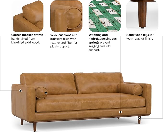 SIMPLIHOME Morrison 89-inch Wide Sofa in Sienna Top Grain Genuine Leather, Mid-Century Modern Design Couch for Living Room, Single Bench Cushion, 2 Back Cushions, 2 Bolster Pillows