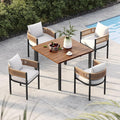 Grand patio 5-Piece Outdoor Dining Set for 4, Metal Woven Wicker Fixed Patio Chairs with Thickened Cushions & 1 Square Woodgrain Dining Table with Umbrella Hole for Backyard Deck (Natural)