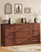 AOGLLATI Farmhouse 9 Drawers Dresser for Bedroom, 63" Wide Wood Rustic Chest of Drawers with Natural Texture, Vintage Design, Long Wide Storage Dresser for Bedroom, Oak Brown