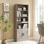 70in Tall Bookshelf 6 Tier Bookcase with Barn Doors and Adjustable Shelf, Oak Grey Farmhouse Book Shelves with Storage Cabinet, Wood Floor Standing Display Bookshelve for Bedroom, Living Room