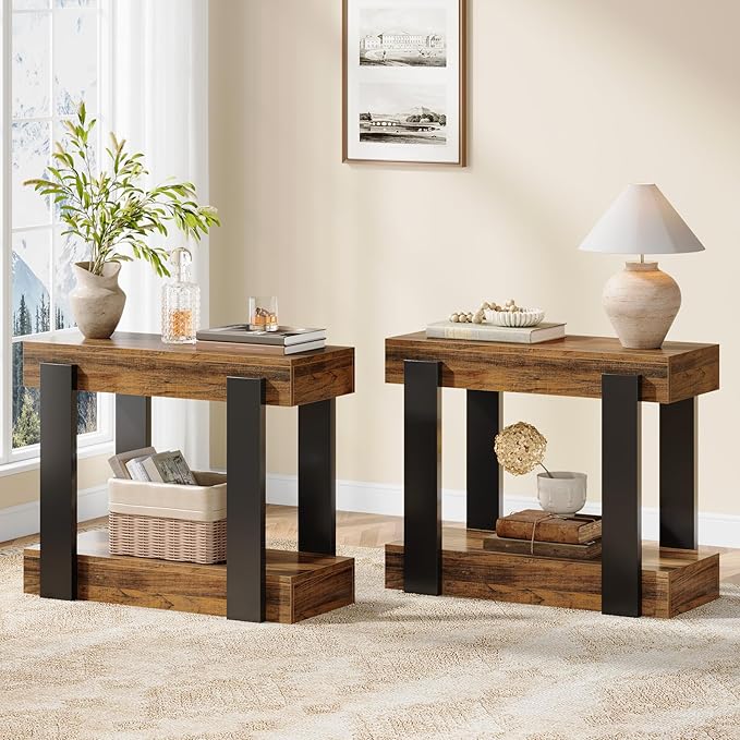 Tribesigns Narrow End Table Set of 2, 2-Tier Farmhouse Side Table with Storage Shelf for Living Room, Rectangular Night Stand and Bedside Tables for Bedroom, Brown