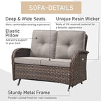 HUMMUH 7-Piece Patio Furniture Set with Fire Pit,Wicker Patio Glider Loveseat Outdoor Swivel Rocker Chairs with Ottomans for Backyard,Poolside,Deck