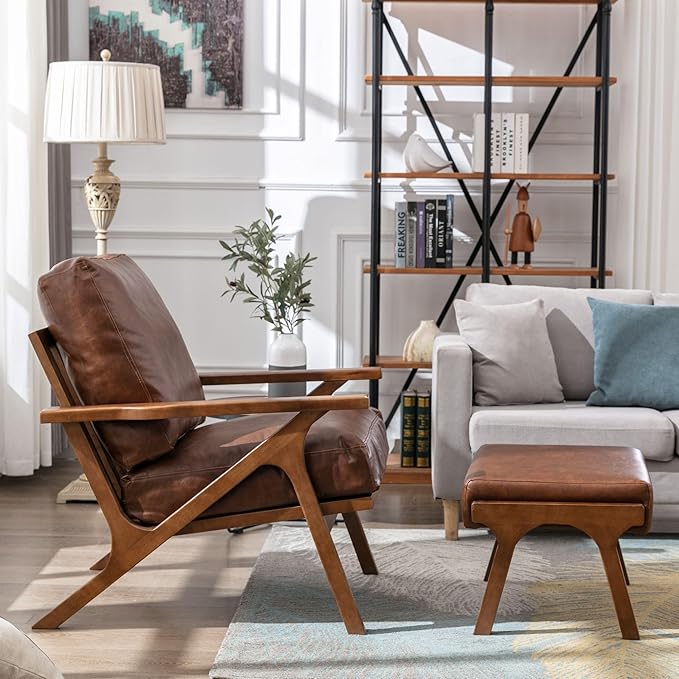 Wahson Brown Leather Mid-Century Modern Accent Chair and Ottoman Set, Retro Upholstered Armchair with Wood Frame and Removable PU Cushions, Large Leisure Slipper Chair for Living Room/Bedroom