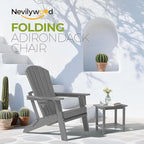nevilywood Folding Adirondack Chair - Extended Ergonomic Backrest, Cup Holder - Easy Assembly - Durable HDPE Plastic, Weather Resistant & Maintenance-Free - Lawn, Patio, Deck Supports 380lbs,Grey