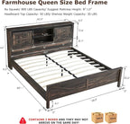 T4TREAM Farmhouse Queen Size Bed Frame w/Storage Bookcase Headboard, Sliding Barn Door, Charging Station, Rustic Wood Platform Bed w/Wood Slats Support, No Box Spring Needed, Dark Rustic Oak
