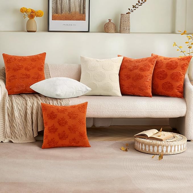 decorUhome Decorative Two Rust Pumpkins Thanksgiving Throw Pillow Covers 20x20 Set of 2, Soft Chenille Jacquard Farmhouse Textured Pillow Covers for Couch Bed Sofa Autumn Harvest Halloween Holiday