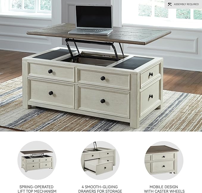 Signature Design by Ashley Bolanburg Lift-Top Coffee Table with Storage Two-Tone Rustic Farmhouse Cocktail Table – Brown/White