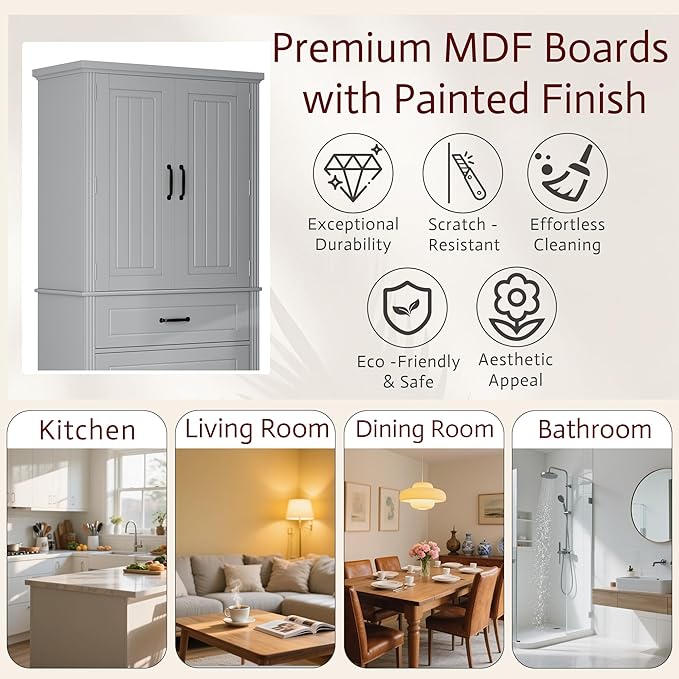 Tall Storage Cabinet, Bathroom Floor Freestanding Storage Cabinet with 2 Doors, Adjustable Shelf, and 2 Drawers for Bathroom, Office, Living Room, MDF Board, Grey