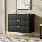 Black Dresser for Bedroom, Fluted Modern Dresser with Gold Pulls and 3 Drawers, 15.7" D x 31.5" W x 29.5" H