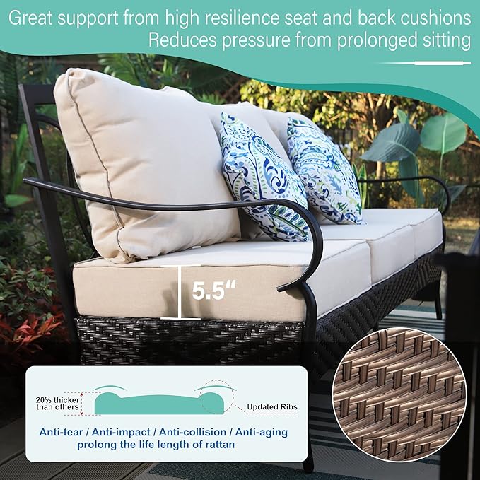 MFSTUDIO Outdoor Patio Furniture Set, 4 PCS Heavy-Duty Metal Patio Conversation Sets for 5, Patio Sectional Sofa Set with High Back 3-Seat Sofa, 2 Fixed Chairs, 1 Coffee Table, 5.5" Thicken Cushions
