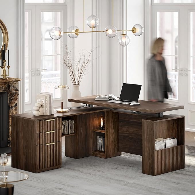 63 Inches L Shaped Standing Desk, Executive Standing Desk with Drawers and File Cabinet, AC/USB, 1.18" Whole-Piece Desktop, Multi-sized Storage Cubby, Privacy Panel, Fluted Computer Desk, Black Walnut