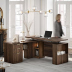 63 Inches L Shaped Standing Desk, Executive Standing Desk with Drawers and File Cabinet, AC/USB, 1.18" Whole-Piece Desktop, Multi-sized Storage Cubby, Privacy Panel, Fluted Computer Desk, Black Walnut