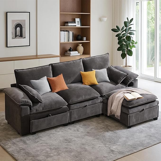 100" L Shaped Modular Sectional Sofa, Couch with Ottoman Storage, Chenille Cloud Couch with Plush Deep Seating for Living Room, Bedroom (Grey, 4 Seat)