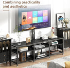 VECELO 71" TV Stand with Mount and Power Outlets, Entertainment Center with Open Storage Shelves, Height Adjustable Mount up to 80”, Wooden Table and Metal Frame for Living Room, Modern Black