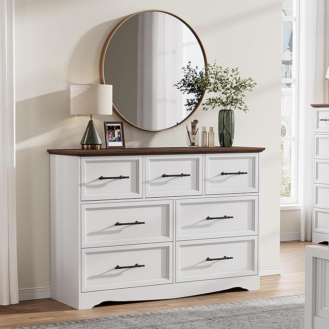 White Farmhouse Dresser for Bedroom, Modern 7 Chest of Drawers, 47" Wide Chest of Drawers w/Brushed Metal Handle, Wood Dresser TV Stand and Storage Cabinet for Bedroom, Living Room, Hallway