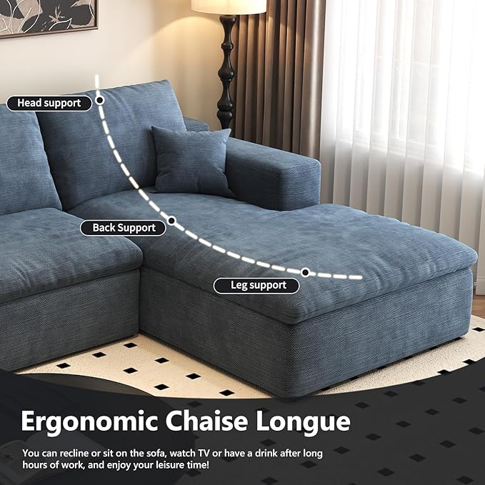 107'' U-Shaped Modern Modular Sectional Cloud Couch Whit Ottoman, 4-Seat Chenille Deep-Seat Sofa with Pillow for Living Room, Bedroom, Apartment, Ocean Blue