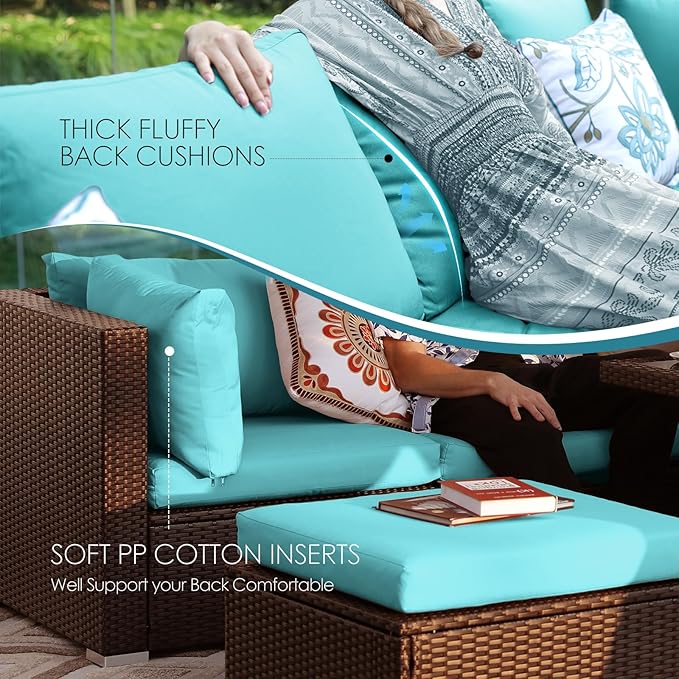 NICESOUL 9 Piece Patio Sectional Set with Firepit Natural Gas/Propane, 29.3'' High Back Tall Big Outdoor Conversation Couch Sets, Wide Sitting Furniture for Outside, Brown Rattan and Teal Cushion