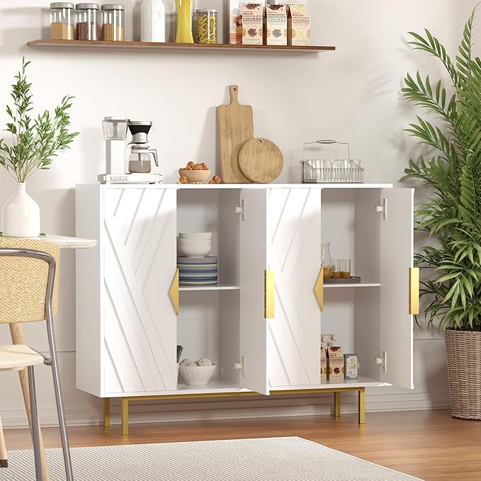 Sideboard Buffet Cabinets with Storage, 47.2" Modern Storage Cabinets with Relief Doors, Accent Cabinets with Adjustable Shelves, Wood Console Cabinet for Dining Living Room, Entryway, White