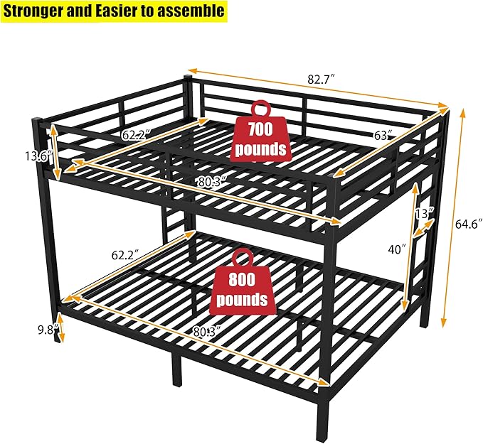 Stronger & Higher Quality Heavy Duty Steel Bunk Bed Queen Over Queen Size Bunkbed, Thickened Safer More Stable Metal Queen Bunk Bed Frame (Faster Assembly)