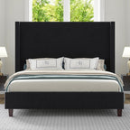 HOWE Queen Size 61" Corduroy Upholstered Bed Frame, Platform Bed with Vertical Stripe Wingback Headboard, No Box Spring Needed/Noise Free/Solid Wood Slats/Black