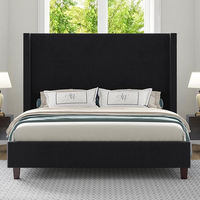 HOWE Queen Size 61" Corduroy Upholstered Bed Frame, Platform Bed with Vertical Stripe Wingback Headboard, No Box Spring Needed/Noise Free/Solid Wood Slats/Black