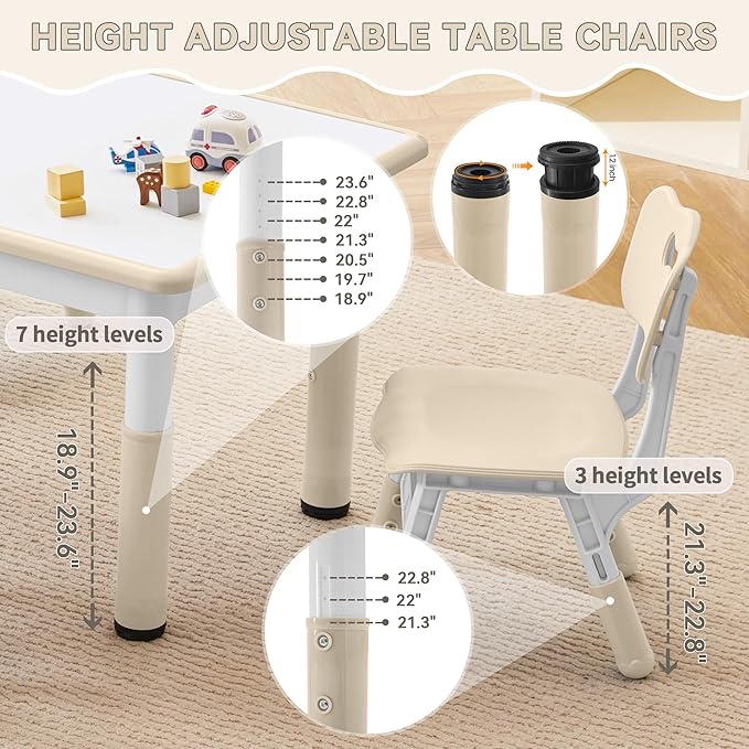 Kids Study Table and Chairs Set, Height Adjustable Toddler Table and Chair Set for Kids Ages 3-8, 31.5" L x 23.6" W Graffiti Desktop Plastic Children Art Table with 2 Seats