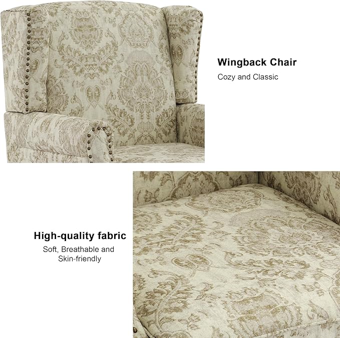 Accent Chair, Upholstered High Back Floral Armchair with Nailhead Trim & Wood Legs, Comfy Wingback Reading Single Sofa Chair for Small Spaces, Living Room, Bedroom-Light Brown Floral, 1 SEAT