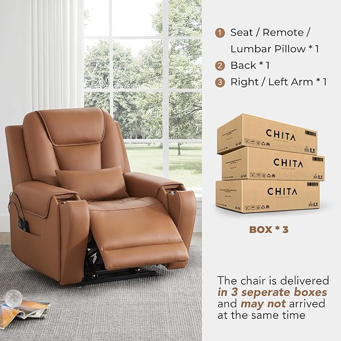 CHITA Electric Power Lift Recliner Chair for Elderly with Massage and Heat, Large Lay Flat Genuine Leather Recliner Chair with Cup Holders, USB Ports, Power Headrest, Independent Backrest, Saddle