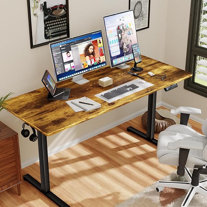 Shahoo 55 Inch Standing Desk, Electric Height Adjustable Computer Desks with Hook and Cable Hole, Rustic Brown