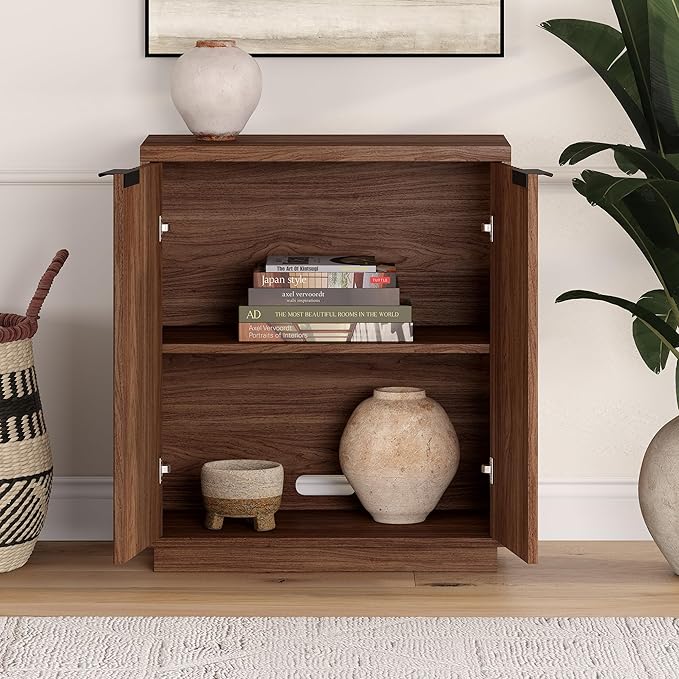 Henn&Hart 28" Fluted Wooden Accent Cabinet, Modern Ribbed Sideboard Buffet Cabinet with 2 Doors and an Adjustable Shelf for Living Room, Dining Room, Bedroom or Entryway, Satin Walnut