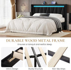 SHA CERLIN Full Size Bed Frame with Charging Station and LED Lights, Modern Velvet Platform Bed with Upholstered Geometric Wingback Headboard, No Box Spring Needed, Easy Assembly, Black