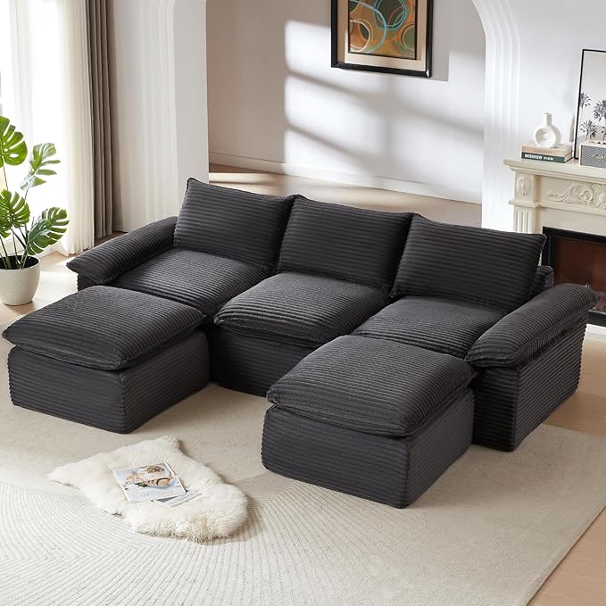 113.03" Sectional Couches for Living Room Modern Modular Sofa with U-Shape Couchs Upholstered Corduroy Boneless Couch Deep Seat Cloud Couch with Ottoman, No Assembly Required, Dark Gray